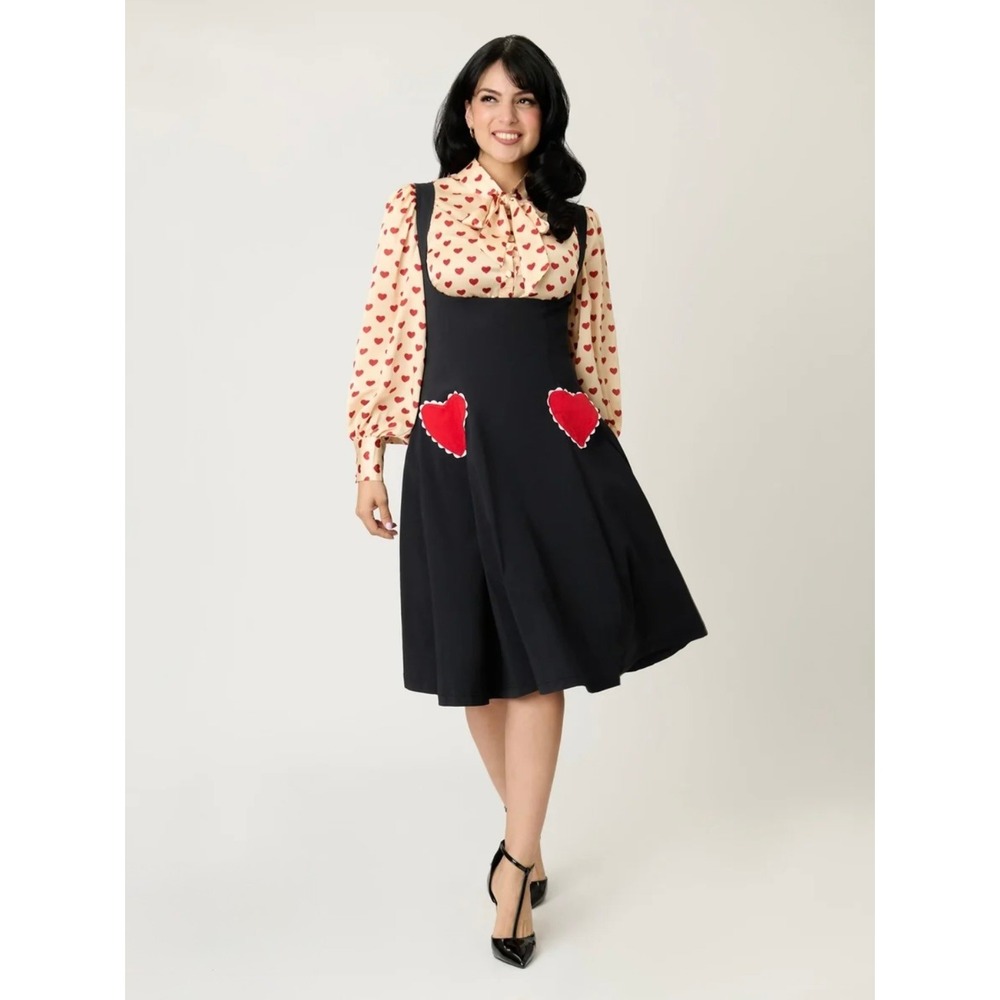 NWT Unique Vintage Black Red Heart Amma Swing Skirt Suspender Pin Up Large 12/14